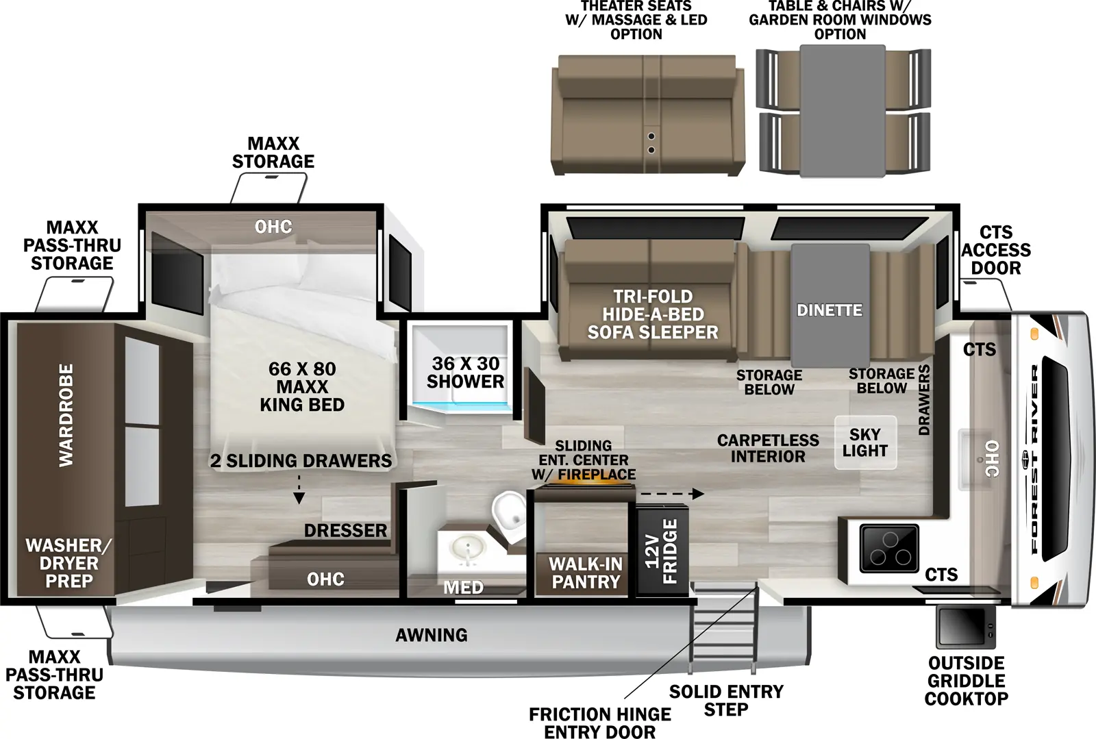 The Wildcat Travel Trailers 277FKX floorplan has two entries and two slide outs. Exterior features include: fiberglass exterior. Interiors features include: front kitchen, free-standing dinette option, rear bedroom and pass through bathroom.